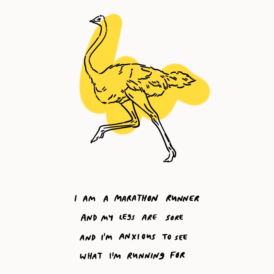 a yellow ostrich with the lyrics I am a marathon runner and my legs are sore and I'm anxious to see what I'm running for