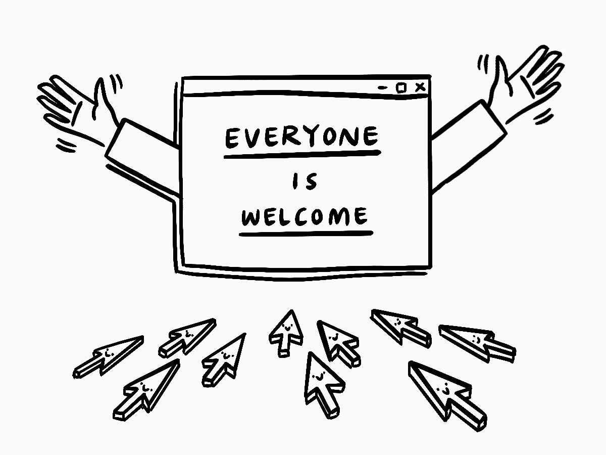 Image showing a web browser saying everyone is welcome with its arms wide open to welcome lots of happy cursors