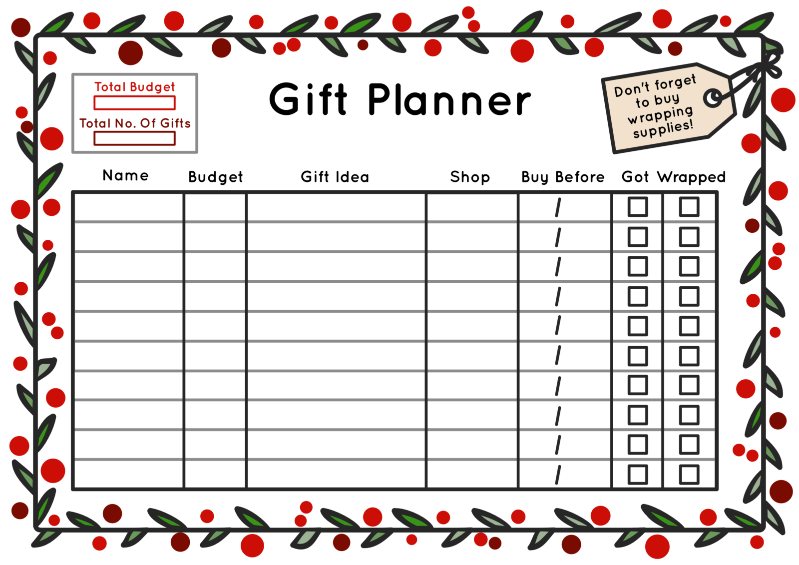 FREE Printable Gift Planner Work Over Easy